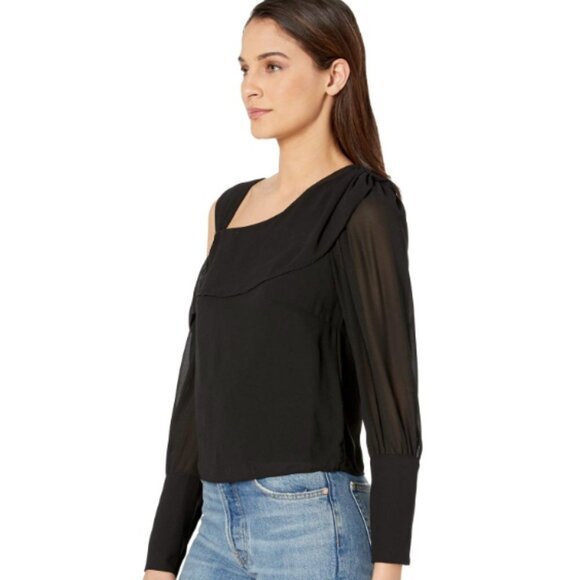 Bebe Black Asymmetrical Chiffon Cuff Detail Soft Blouse Top - Picture 2 of 12